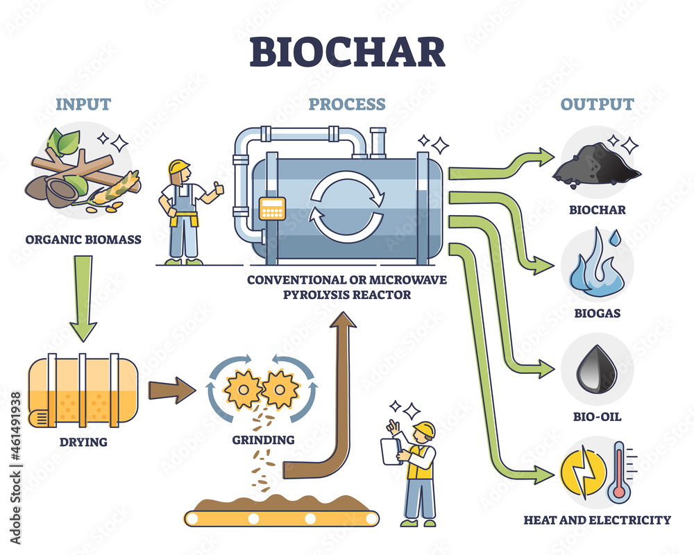 Biochar, biogas, bio oil and energy production by conventional or microwave pyrolysis reactor. Illustrated scheme with the process stages. Means of carbon sequestration and climate change mitigation. - obrazy, fototapety, plakaty 