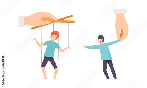 Manipulation of People with Tiny Man with Strings Controlled by Someone Vector Set photo