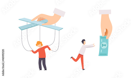Manipulation of People with Tiny Man with Strings Controlled by Someone Vector Set