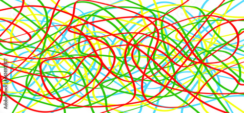 Cartoon, comic chaos, chaotic wavy line pattern, mesh, seamless. Kris, scratch drawn together. Flat vector draw wave stripe lines. Color: red, blue, yellow, green.