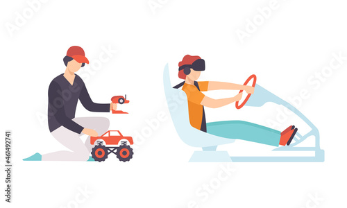 Young Male Playing Radio-controlled Car and on Simulator Vector Set
