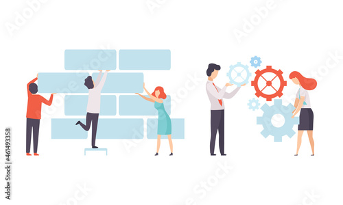 Office Colleague Working Together Laying Bricks and Spinning Gear Vector Set