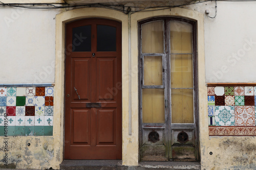 Ancient doors with multicolored decorations in Ponta Delgada, Sao Miguel island, Azores