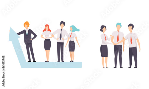 Office Colleague Working Together Standing in Row and Putting Hands Vector Set