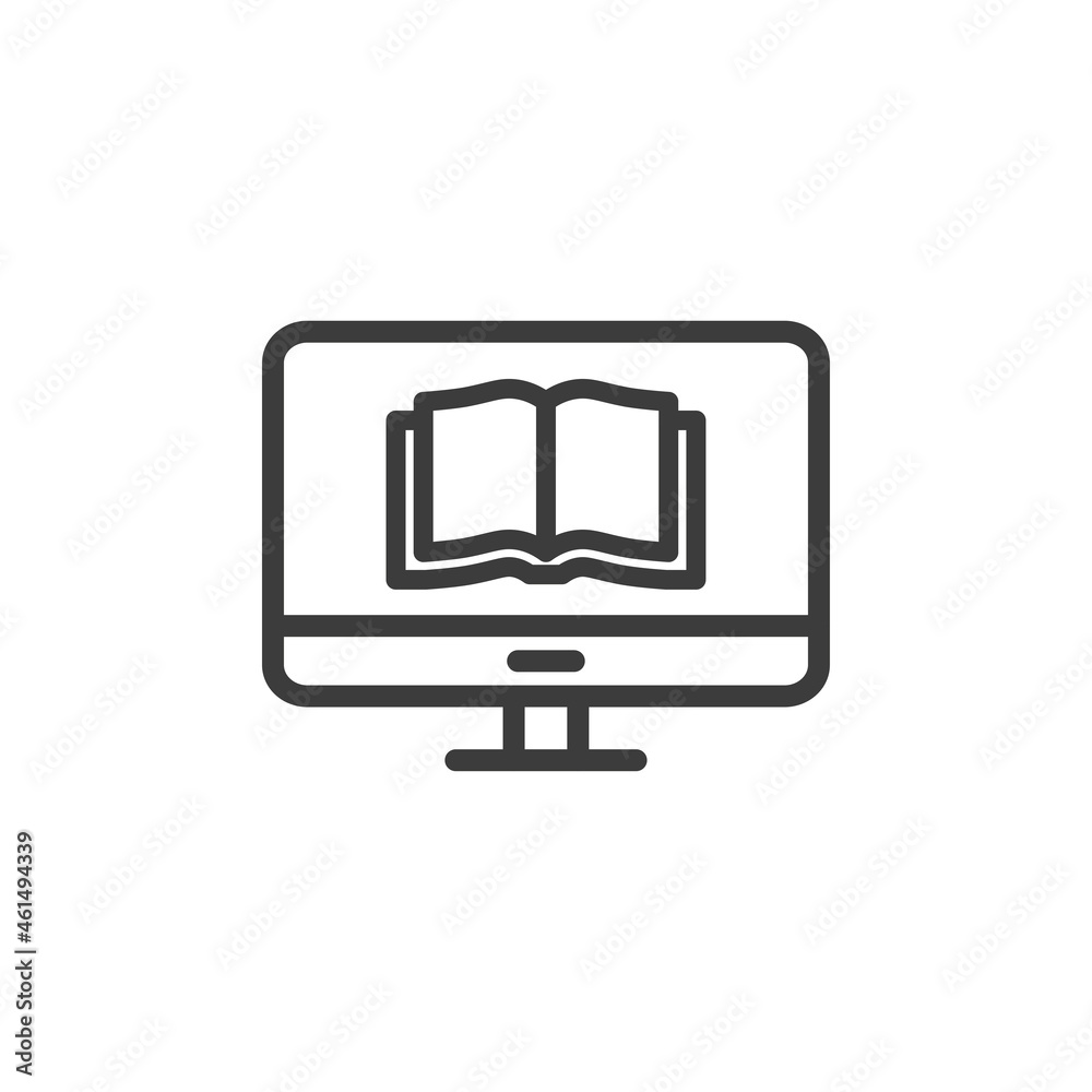Desktop computer with book icon on white background.