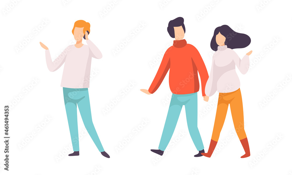 Male and Female Friend Spending Time Together Walking and Gossiping Vector Set Male and Female Friend Spending Time Together Walking and Gossiping Vector Set