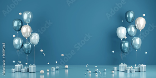 3D Rendering concept of birthday valentine wedding party event background or for commercial in blue theme balloons with blank wall on background. 3D Render.