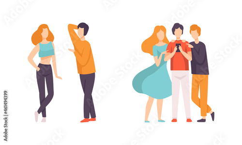Male and Female Friend Spending Time Together Standing and Gossiping Vector Set