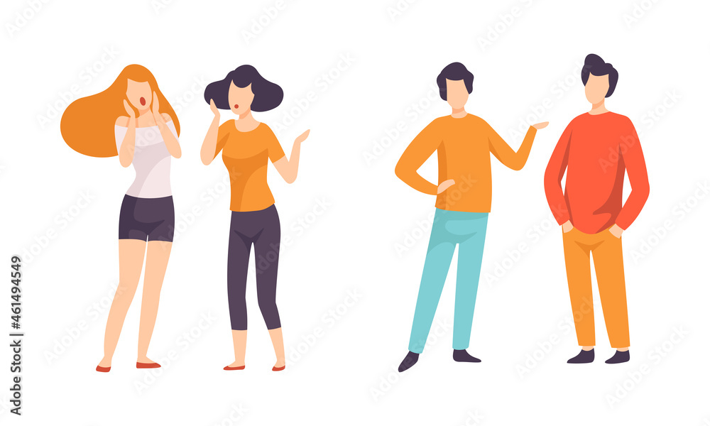 Fototapeta premium Male and Female Friend Spending Time Together Standing and Gossiping Vector Set