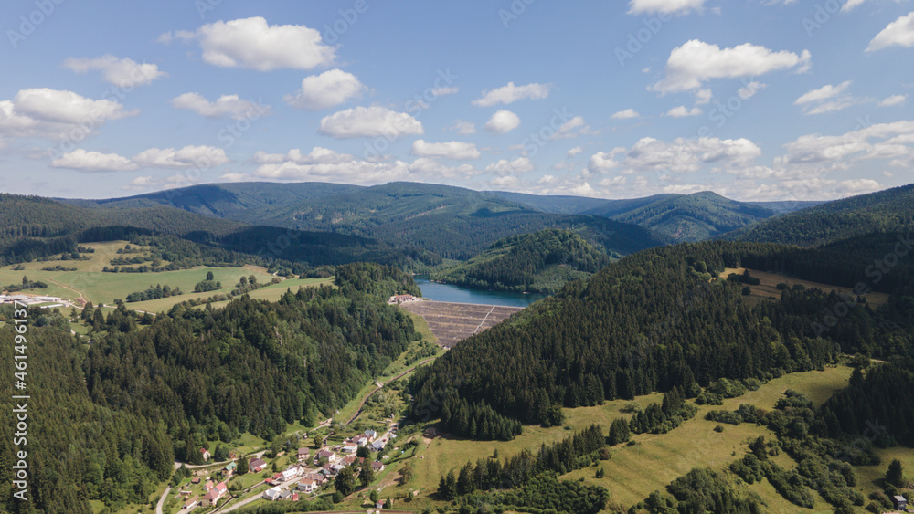 Aerial view of a water reservoir in the village of Turcek in Slovakia Aerial view of a water reservoir in the village of Turcek in Slovakia