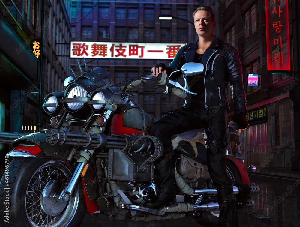 biker riding a motorcycle. cyberpunk style. sity of neon. post-apocalypse motorcycle.
