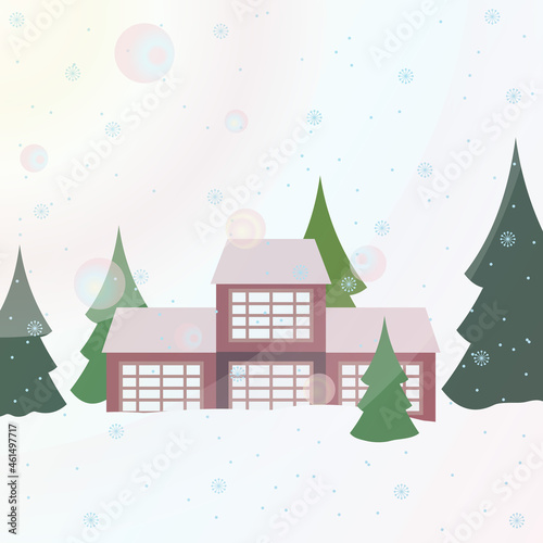house two floors large windows winter Christmas trees snowfall snowflakes snow background