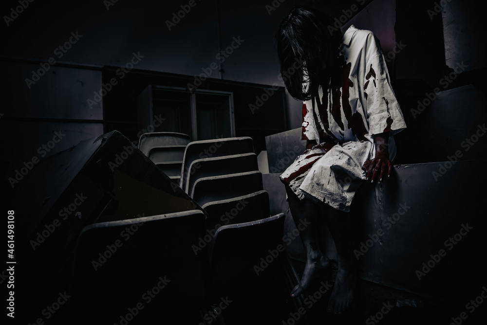 Portrait of asian woman make up ghost face,Horror scene,Scary background,Halloween poster Portrait of asian woman make up ghost face,Horror scene,Scary background,Halloween poster