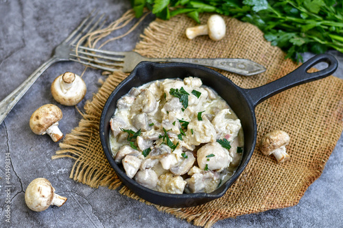 Creamy chicken with mushrooms and parmesan. Home made italian ketogenic meal