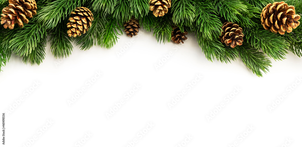 Christmas and New Year background with green spruce branches and pine cones, white banner, top view, copy space Christmas and New Year background with green spruce branches and pine cones, white banner, top view, copy space