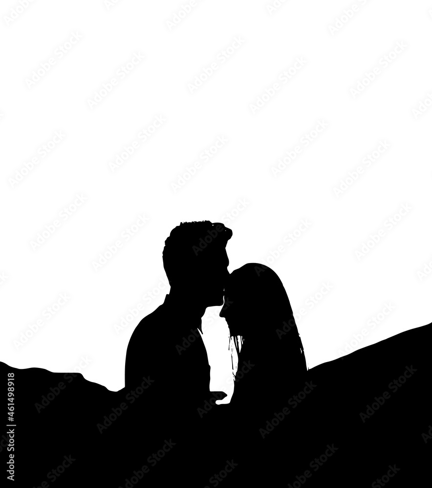 Man kissing woman's forehead. Vector illustration. The man is kissing his love in front of the landscape. Love between man and woman. Vector illustration. 