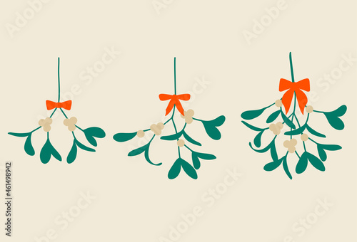 Christmas mistletoe with a bow. Hanging green plant with berries as a traditional symbol for Christmas. Vector drawing in a simple cartoon style. Isolated clipart.