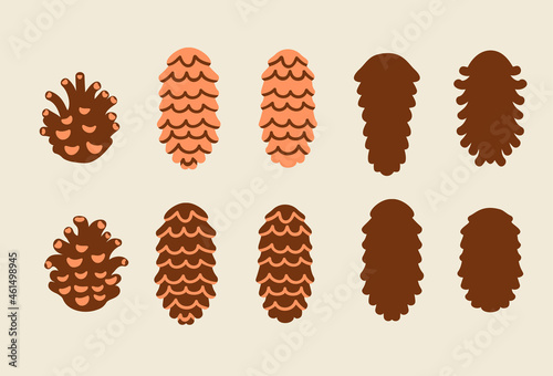 Spruce and pine cones isolated. Vector clipart in a simple cartoon style.