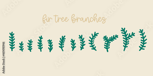 Fur tree branches stylized. Great for Christmas wreaths. Vector clipart hand drawn in a simple cartoon style. Isolated drawing set.