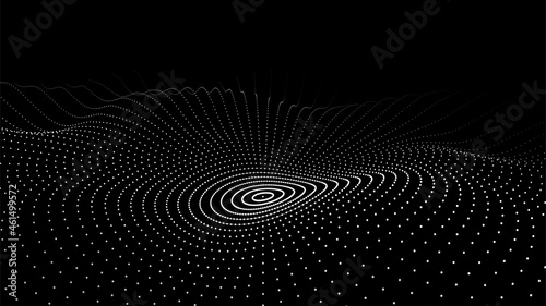 Futuristic wave. Vector dark cyberspace. Abstract music sound wave with dots. White moving particles on a black background.