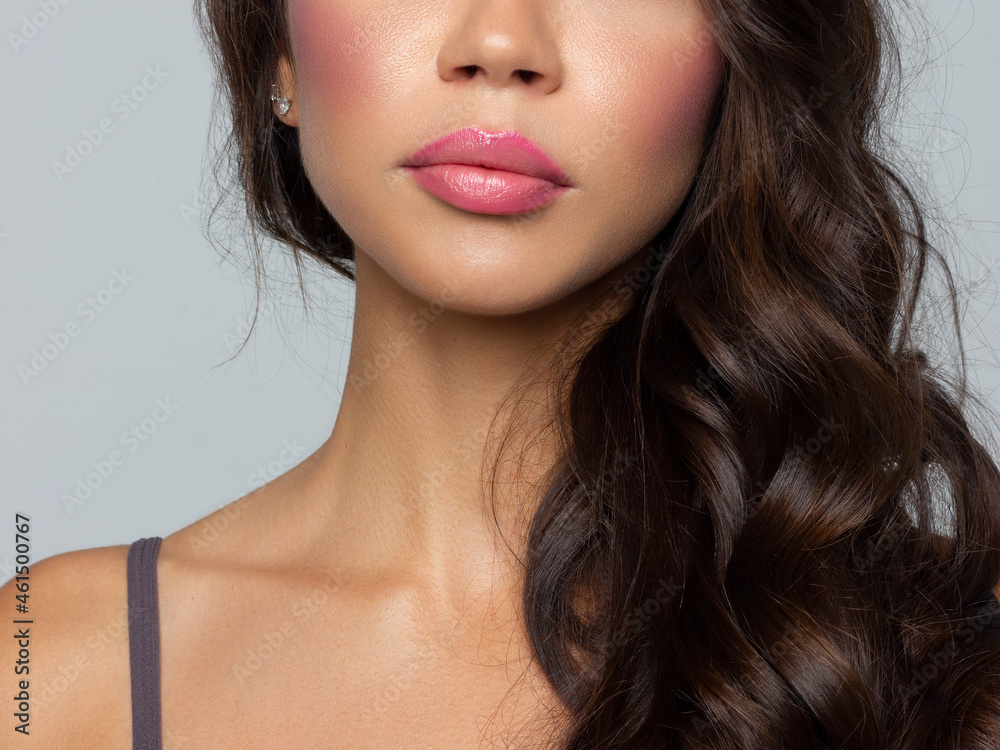 Close-up perfect lip makeup beautiful female mouth. Plump sexy full lips. Macro photo face detail. Perfect clean skin, fresh lip make-up. Sweet pink lipstick, magenta color. Valentine's day style Close-up perfect lip makeup beautiful female mouth. Plump sexy full lips. Macro photo face detail. Perfect clean skin, fresh lip make-up. Sweet pink lipstick, magenta color. Valentine's day style