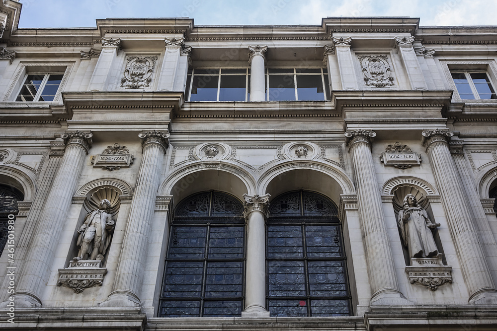 Architectural fragments of City Hall of Paris (Hotel de Ville de Paris) neo-renaissance style building - seat of the Paris City Council since 1357. Paris, France.