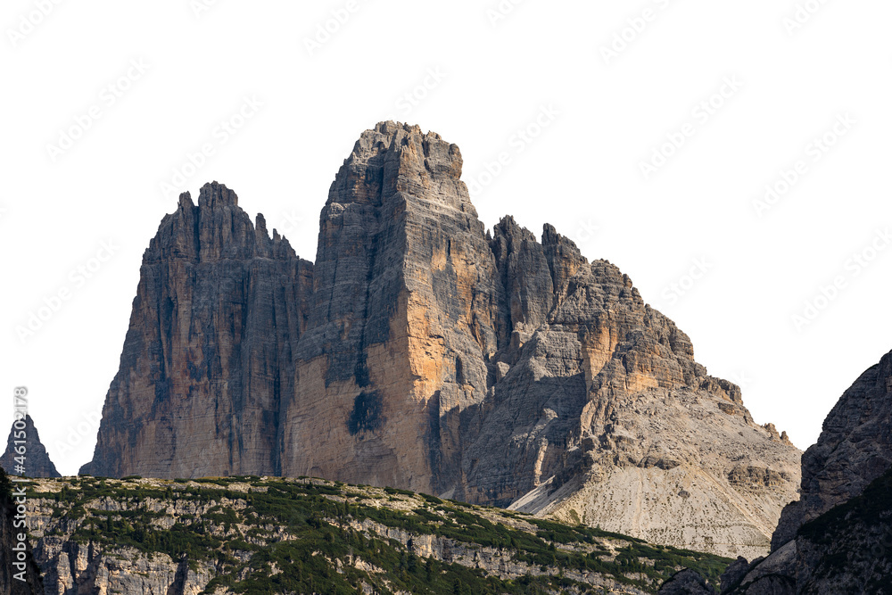 The Drei Zinnen or Tre Cime di Lavaredo (three peaks of Lavaredo), north face, isolated on white background. Sesto Dolomites, UNESCO world heritage site, Trentino-Alto Adige and Veneto, Italy, Europe.