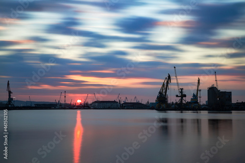 sunset over the harbor in Burgas city