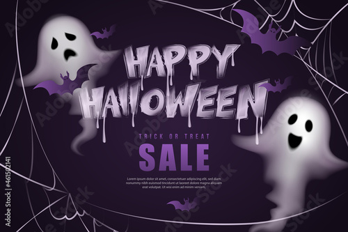 Happy halloween purple tone spirit ghost bat and spider web