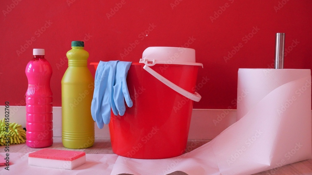 Cleaning concept. Set of cleaning supplies 