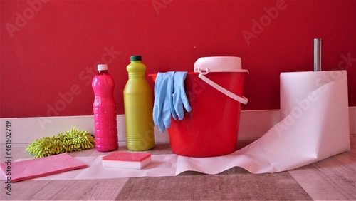 Cleaning concept. Set of cleaning supplies 