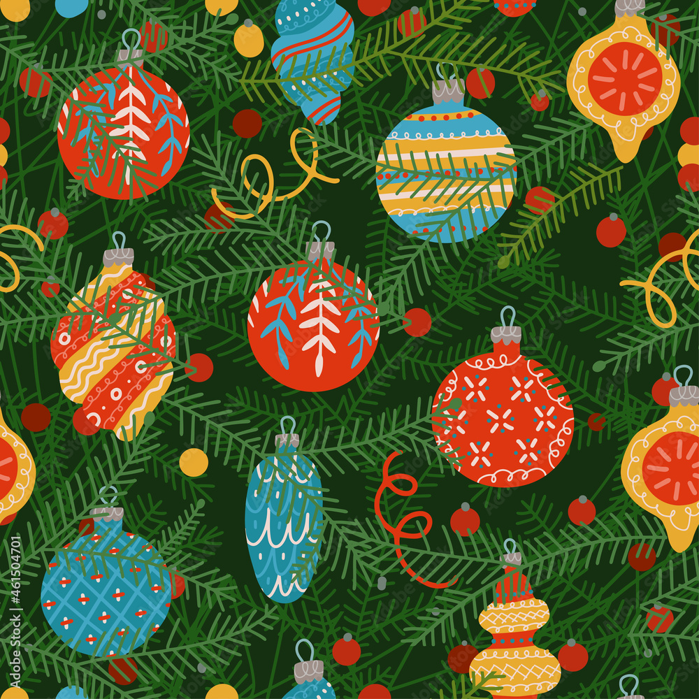 Seamless pattern of Christmas tree branches with festive glass balls. Close up view. Flat vector illustration.