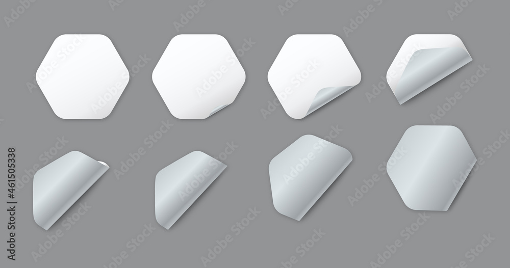 Blank white hexagonal paper stickers with curled corner Blank white hexagonal paper stickers with curled corner
