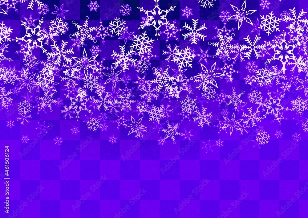 雪の結晶が描かれた青色の市松模様の背景 雪の結晶が描かれた青色の市松模様の背景