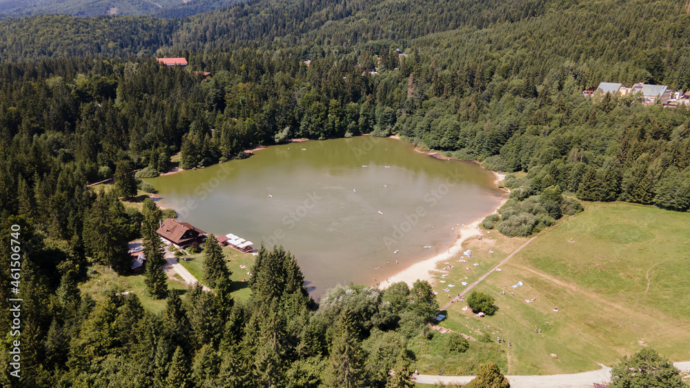 Aerial view of the Krpacovo reservoir in the village of Dolna Lehota in Slovakia - obrazy, fototapety, plakaty 