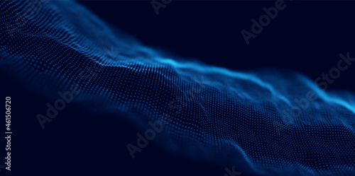 Abstract blue particle background. Flow wave with dot landscape. Digital data structure. Future mesh or sound grid. Pattern point visualization. Technology vector illustration.