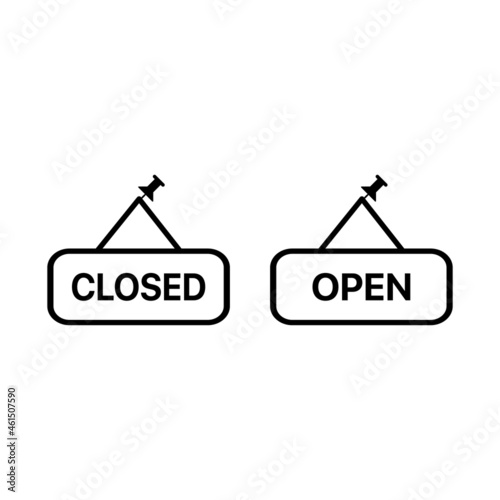 Open and closed plates, boards with pin set icon . Simple thin outline. Shop, hotel door or window labels. Flat isolated symbol, sign for: illustration, logo, app, design web, dev, ui. Vector EPS 10 