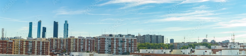 Panoramic of the city of Madrid with the tallest skyscrapers in Spain. Europe. Horizontal photography.