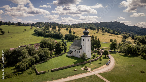 Aerial view of the church, the Slovak geographical center of Europe in the locality of Kremnicke Bane in Slovakia