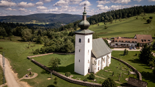 Quadro em tela Aerial view of the church, the Slovak geographical center of Europe in the local