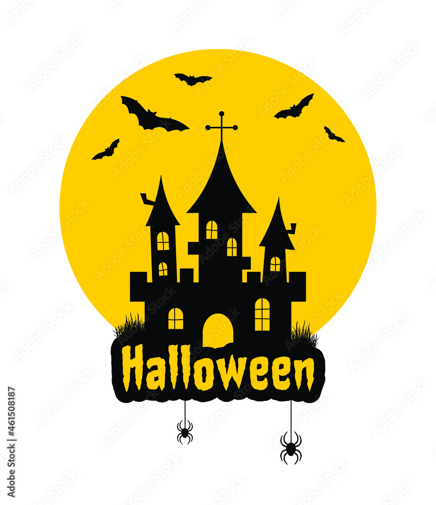 Black silhouettes of castle, spiders, bats and yellow full moon on a white background. Halloween flat illustration