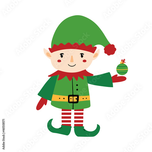 Cute christmas elf character in green costume holding Christmas ornament in hand vector cartoon style illustration.
