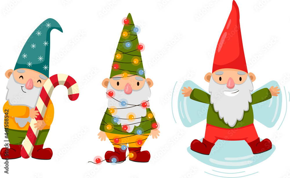Happy cute little gnomes in winter. Funny bearded garden dwarfs with candy, Christmas lights, and snow. Colored flat vector illustration of fairytale characters isolated on white background. Happy cute little gnomes in winter. Funny bearded garden dwarfs with candy, Christmas lights, and snow. Colored flat vector illustration of fairytale characters isolated on white background.