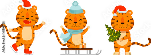 Set of cute cartoon tiger. Flat poster for prints  kids cards  posters  t-shirts  and funny avatars.