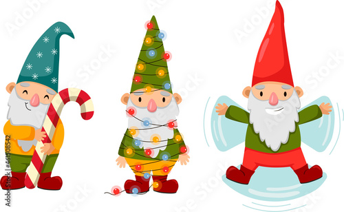 Happy cute little gnomes in winter. Funny bearded garden dwarfs with candy, Christmas lights, and snow.  Colored flat vector illustration of fairytale characters isolated on white background.