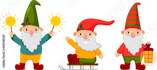 Happy cute little gnomes in winter. Funny bearded garden dwarfs with sparklers, lamps, and sled.  Colored flat vector illustration of fairytale characters isolated on white background.
