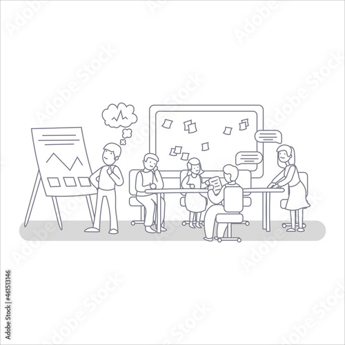 Group of office workers sitting at desks and communicating or talking to each other. Dialogs or conversations between colleagues or clerks at the workplace. Black and white illustration.