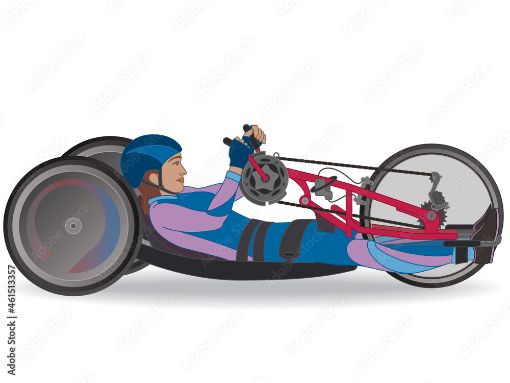 para sports paralympic handcycling H1-4, physical disabled female athlete amputee cyclist, reclined position, isolated on white background para sports paralympic handcycling H1-4, physical disabled female athlete amputee cyclist, reclined position, isolated on white background
