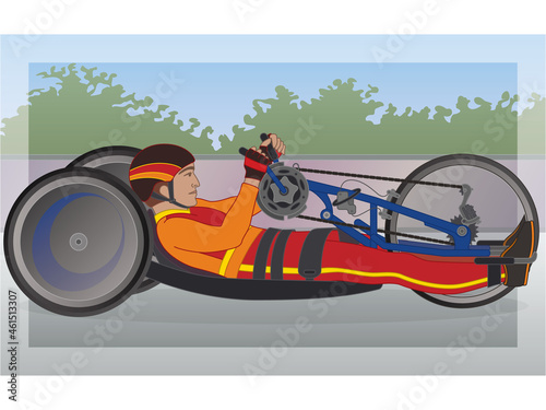 para sports paralympic handcycling H1-4, physical disabled male athlete amputee cyclist, reclined position with outdoor background