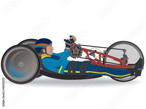 para sports paralympic handcycling H1-4, physical disabled male athlete amputee cyclist, reclined position, isolated on white background